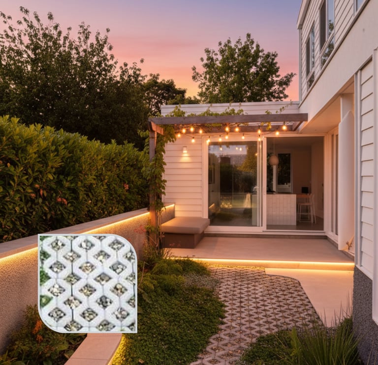 Pavaj Ecologic montat în curte, dale cu goluri pentru umplere cu iarbă