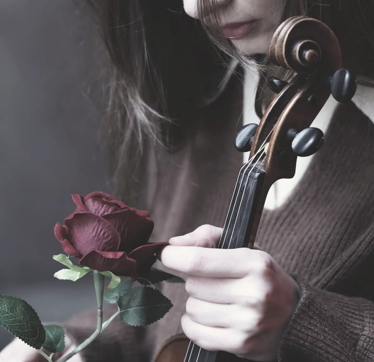 Photo portrait violoniste et une rose, shooting à Paris