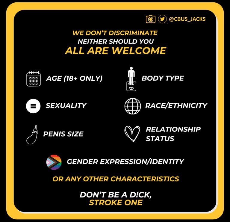 a graphic explaining Columbus Jacks is open to anyone with a penis & discrimination is not tolerated