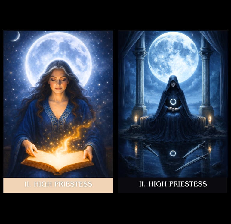 Two artistic High Priestess tarot cards featuring mystical women under a glowing full moon.