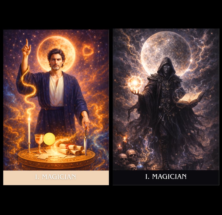 Two contrasting tarot card designs for The Magician featuring light and dark mystical sorcerers with celestial moons.