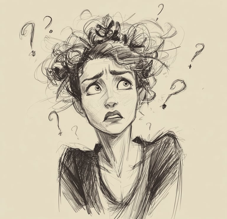 illustration au dessin noir et blanc d'une femme qui se pose des questions