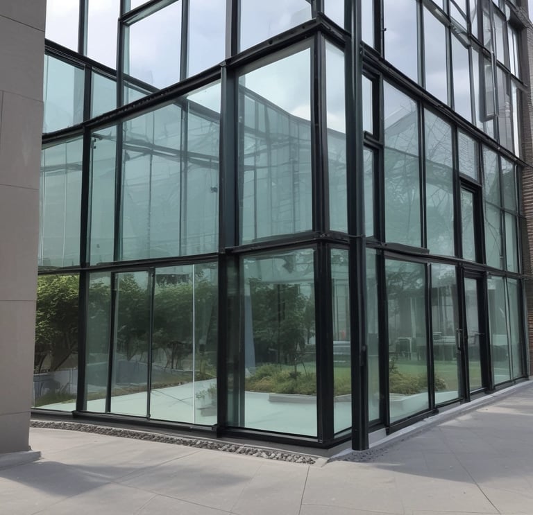 a large glass building with a clock on the outside