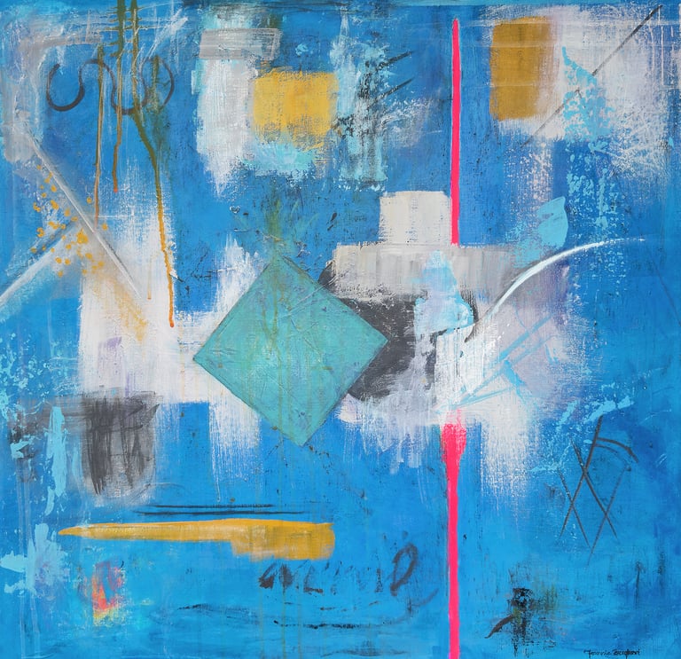 Blue painting with pink line and teal tilted square with grey, black.