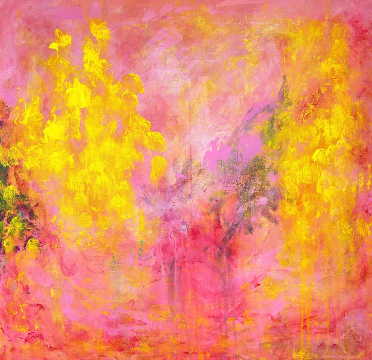 Yellow and pink abstract painting with dots resembling flowers