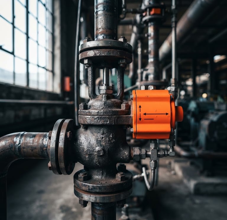 Macro shot of a heavy-duty industrial control valve, cast iron texture, steel piping, dramatic side lighting from factory window, cool steel tones with high-contrast safety orange indicator