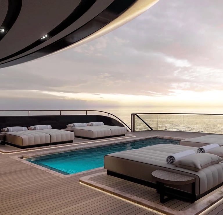 Luxury yacht sundeck with pool and daybeds at sunset