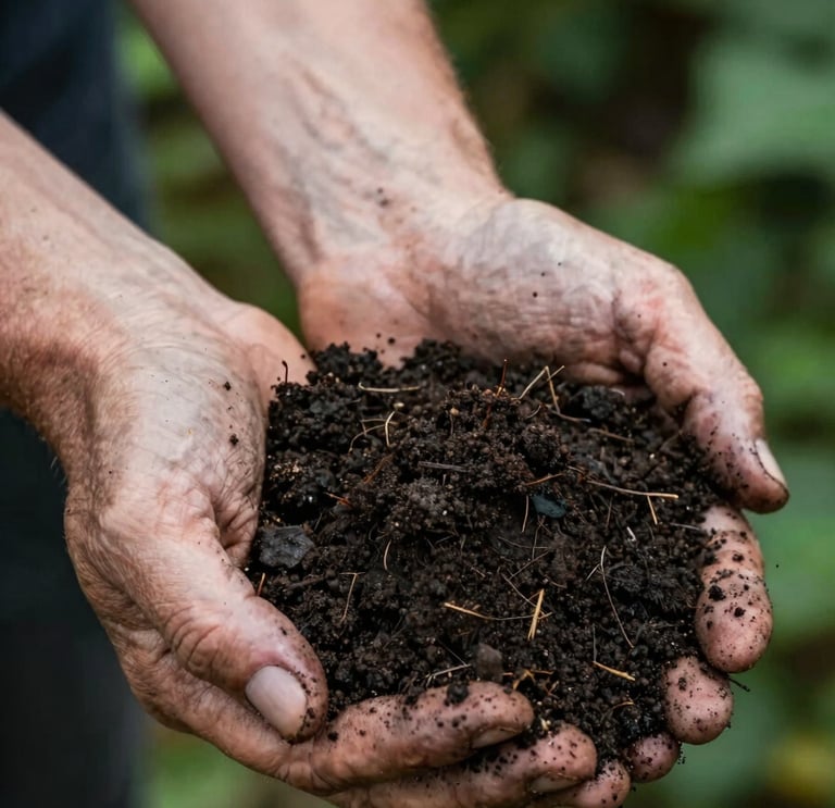 Close-up of weathered hands cradling a handful of dark moist earth, fingers partially open, rich dark soil with visible texture and small organic particles, soft overcast north-facing natural light, deep forest green foliage blurred in background, no faces visible, documentary framing