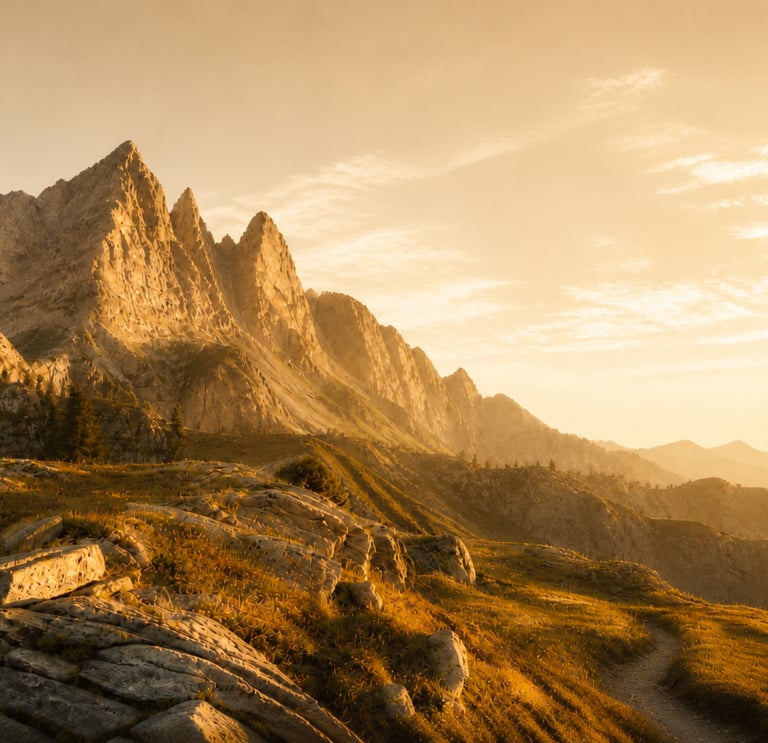 Majestic jagged mountain peaks glowing in the golden light of a sunset over a rugged alpine landscape.