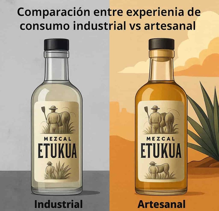 Diferencias visuales entre consumo de mezcal industrial y experiencia artesanal premium