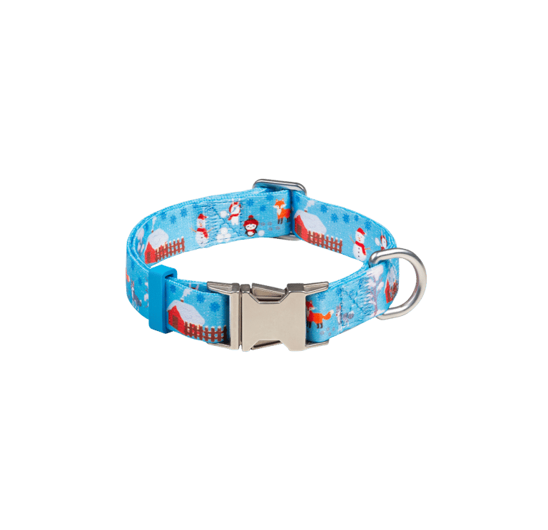 Pawnest® Frosty Friends blue dog collar – winter edition with metal buckle and recycled webbing.