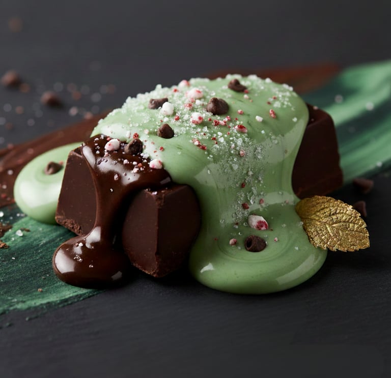 Dark chocolate block covered in gooey green mint icing, mint leaves, chocolate chips, and crushed candy. 