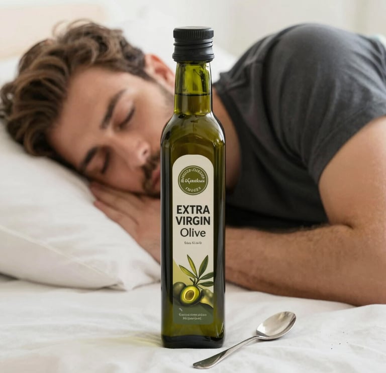 A bottle of extra virgin olive oil and a spoon next to a man sleeping in bed.