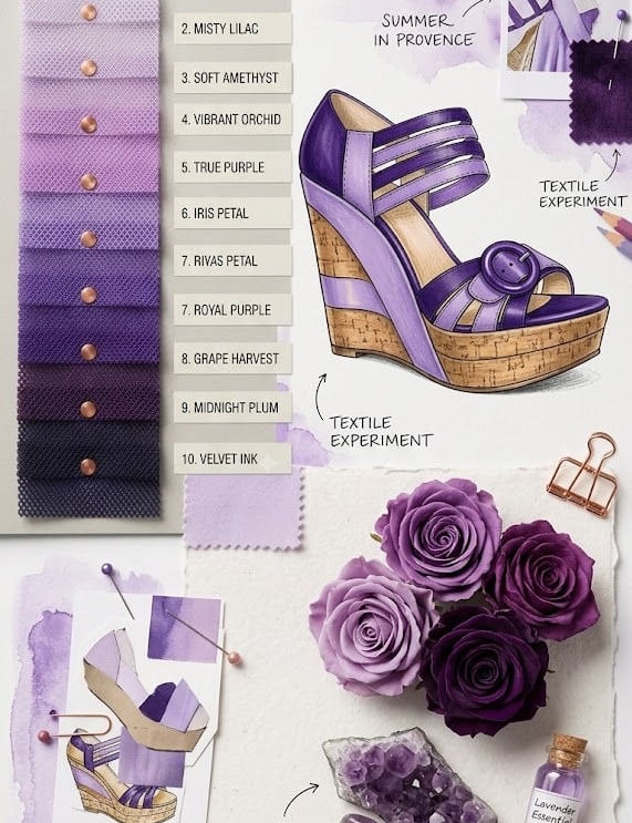 Purple wedge sandal fashion design mood board with fabric swatches, lavender roses, and amethyst crystals.