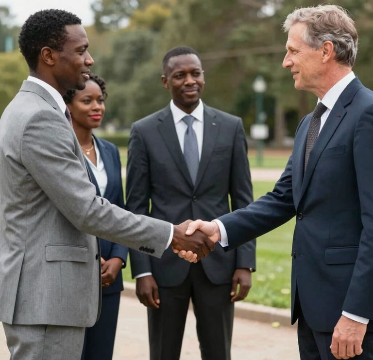 A group of French and Gambian diplomats warmly shaking hands during a cultural event.