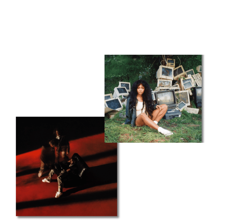 a woman sitting on a red carpet next to a picture of a man in a. SZA and Don Toliver Albums