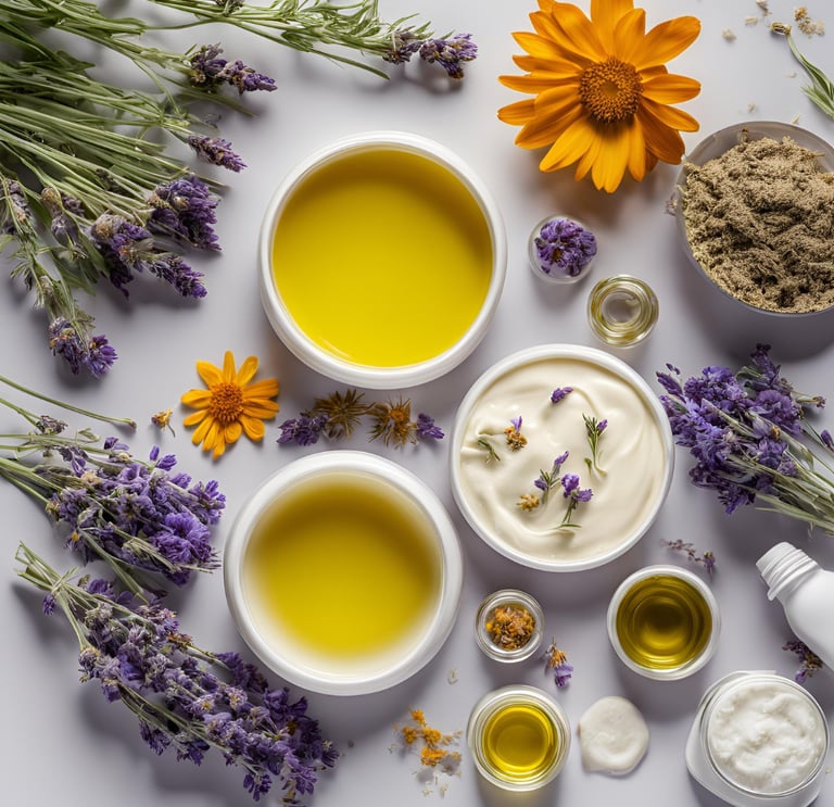 Natural skincare products with essential oils, herbal extracts, and lavender flowers for organic beauty care.