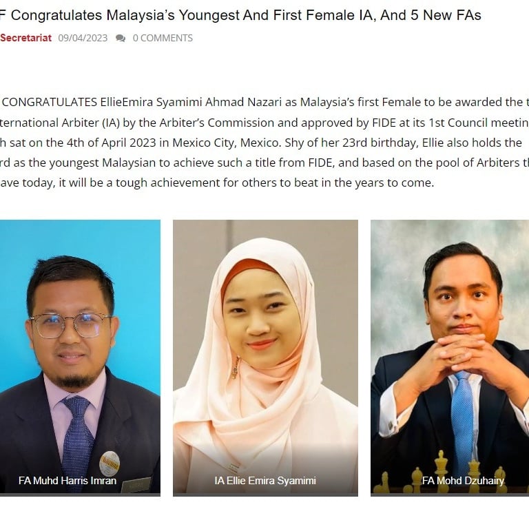 Malaysian Chess Federation congratulates Malaysia's First Female International Arbiter Ellie Emira
