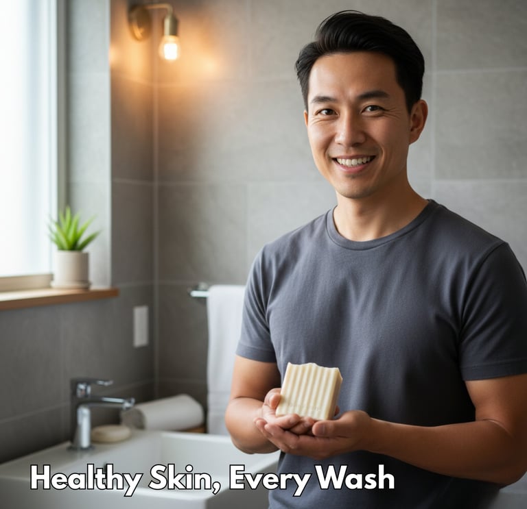 a man holding a beef tallow soap bar in a bathroom