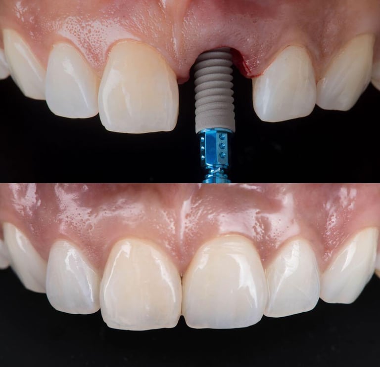 Before and after dental implant surgery showing a titanium post and a final natural-looking tooth crown.