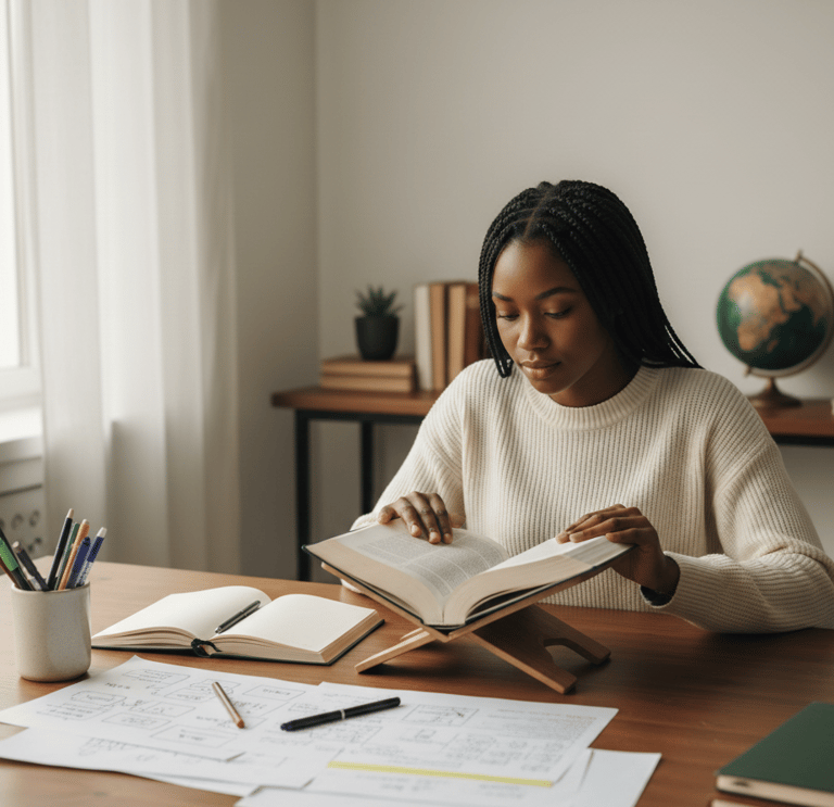 a woman sitting at a desk with a book and a pen
