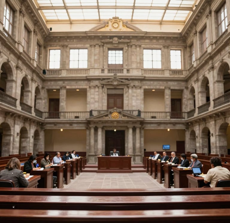 Wide panoramic shot of the Mexican legislative palace assembly hall, warm natural daylight filtering through high windows, architectural symmetry, 21:9 aspect ratio