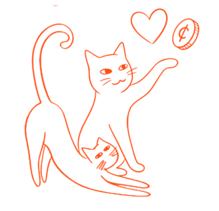Dibujo lineal en naranja de dos gatos juguetones con un corazón y una moneda sobre un fondo neg