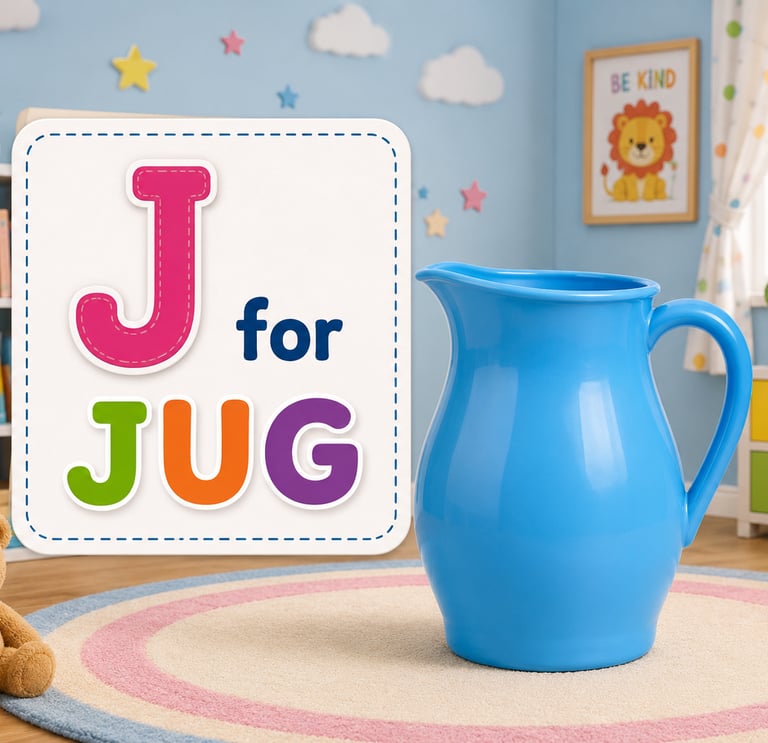 Educational alphabet poster showing J for Jug with a blue water pitcher in a colorful playroom.