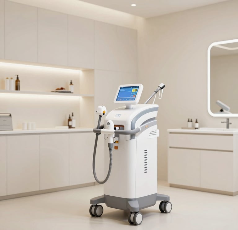Professional medical laser hair removal machine in a clean, modern aesthetic clinic setting.