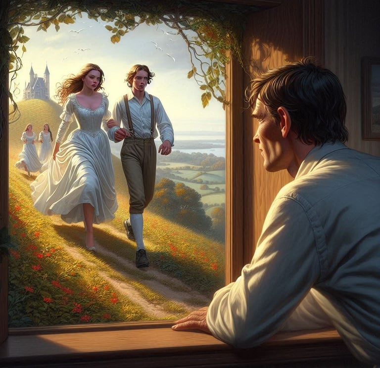 An AI image of a man inside a house staring out the window at a young male and female couple who walk hand in hand