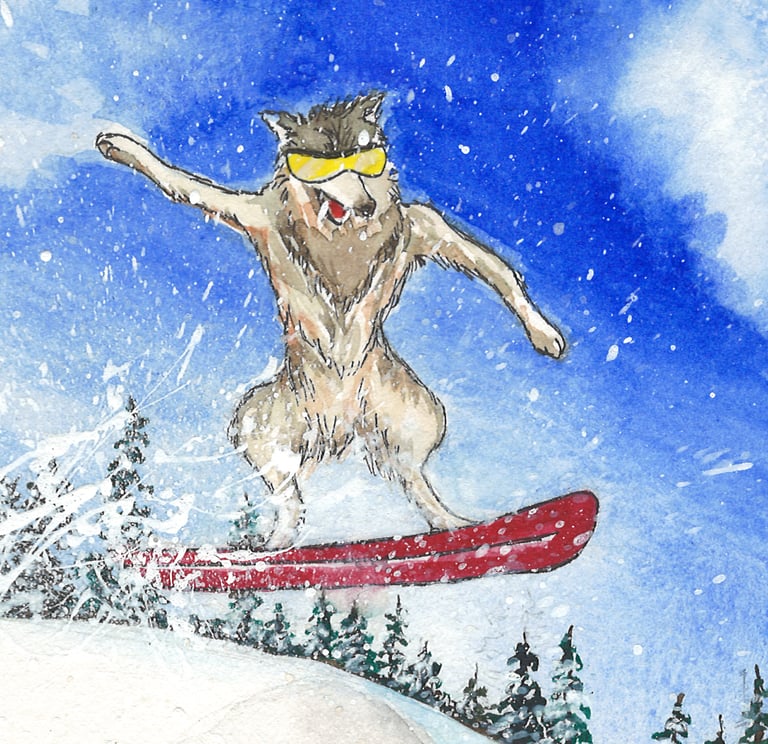 a wolf is riding on a snowboard