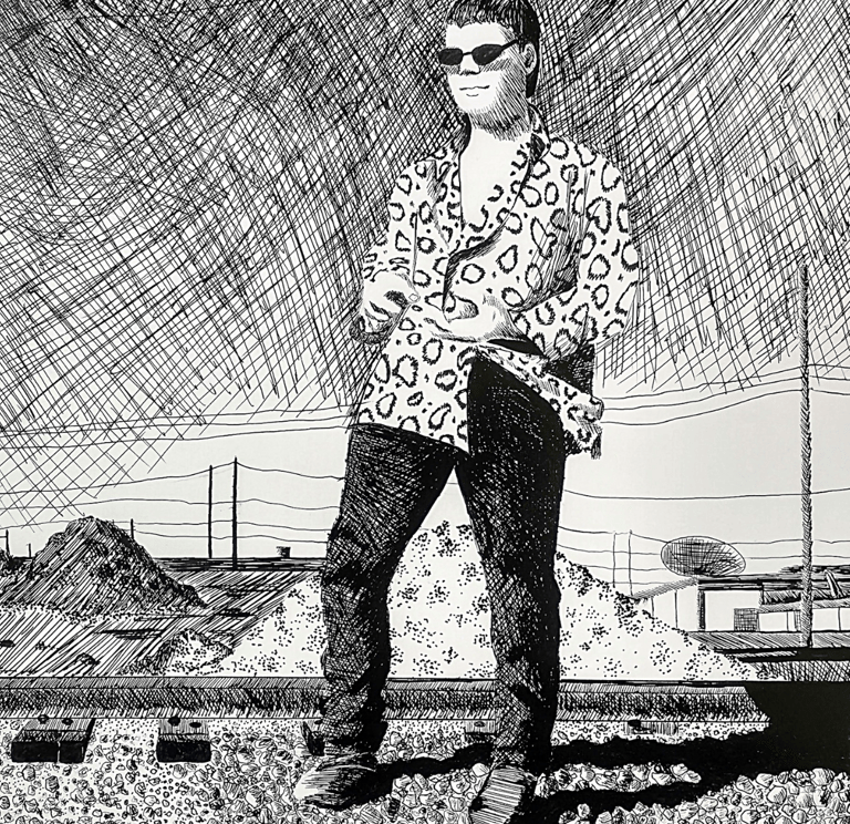 a man in sunglasses and a shirt is standing near train tracks