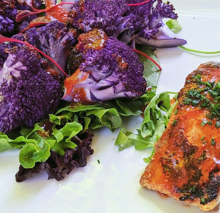 Roasted Seasonal Vegetable with Wild Fish. Healthy gourmet chef, gluten-free, portland, clackamas