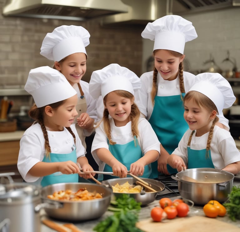 A group of happy young girls wearing white chef hats and teal aprons during a fun kids cooking class.