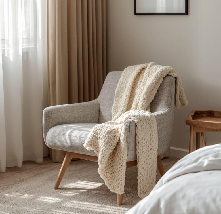 Natural light-filled reading chair with chunky knit throw, ideal for a relaxing bedroom corner.