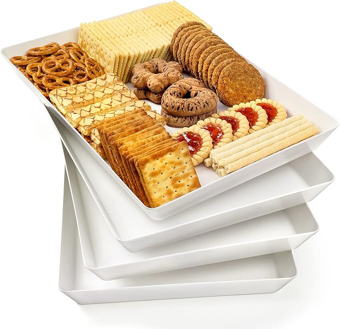  VITEVER 4-Pack Large White Serving Trays – BPA-Free Plastic Platters for Appetizers, Snacks