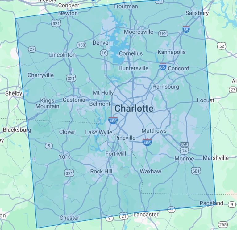 square service area around Charlotte North Carolina for Mothership Roofing