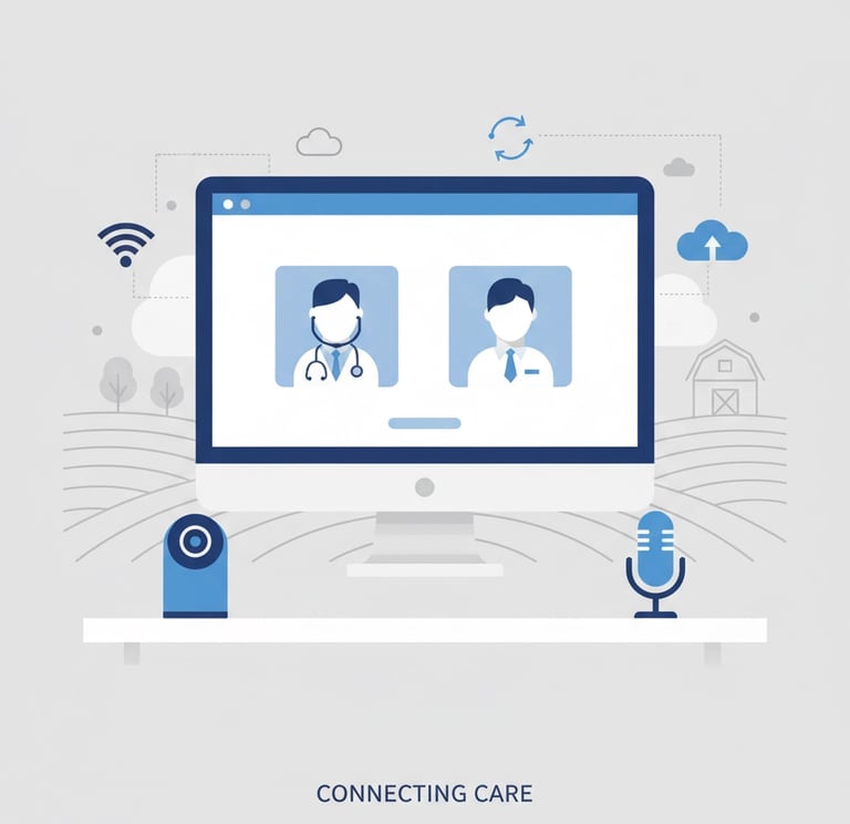 Modern telehealth setup with computer screen showing doctor consultation, representing technology in