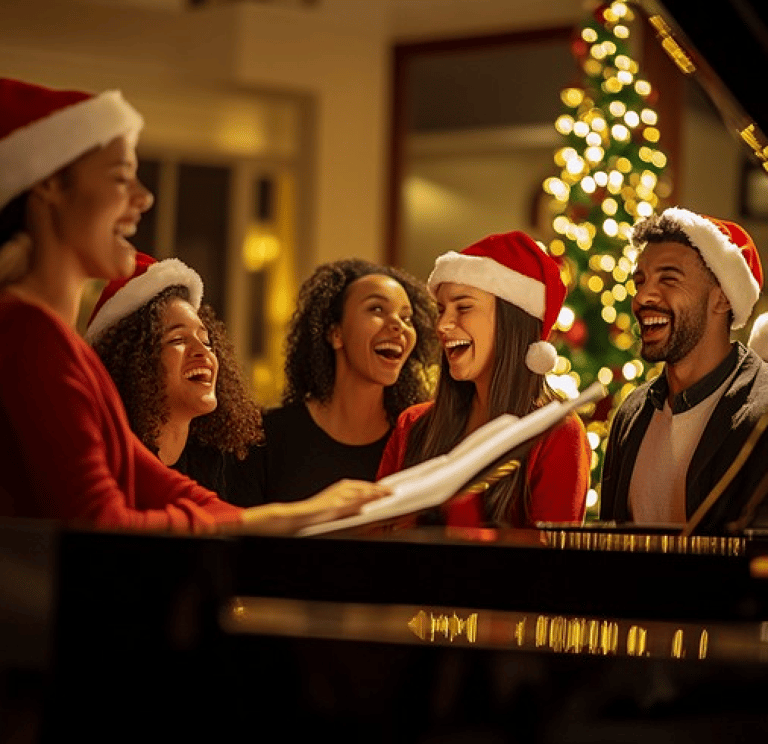 Iloinen joukko laulaa joululauluja pianon ääressä tunnelmallisessa pikkujouluillassa Nature Dream Da