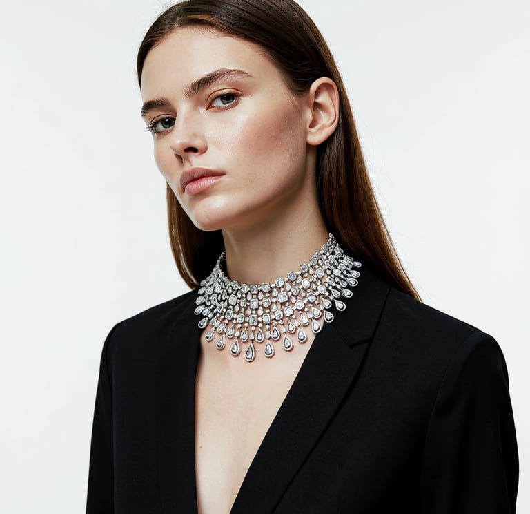 A model Wearing a diamond Choker set