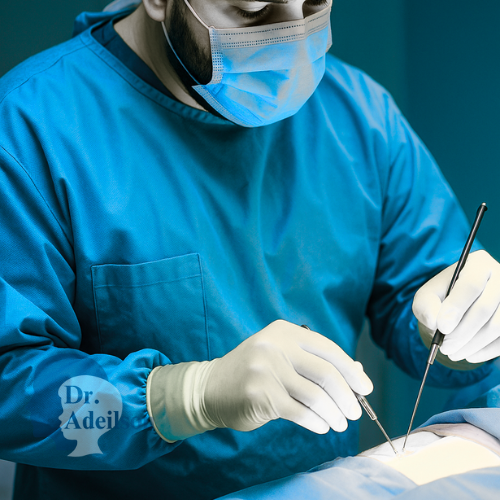 a man in a blue shirt and gloves is doing surgery