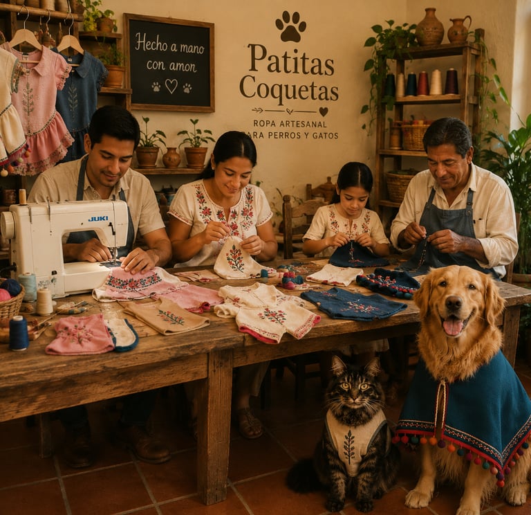Una familia confeccionando ropa artesanal a mano para un golden retriever y un gato en un taller de costura rústico.
