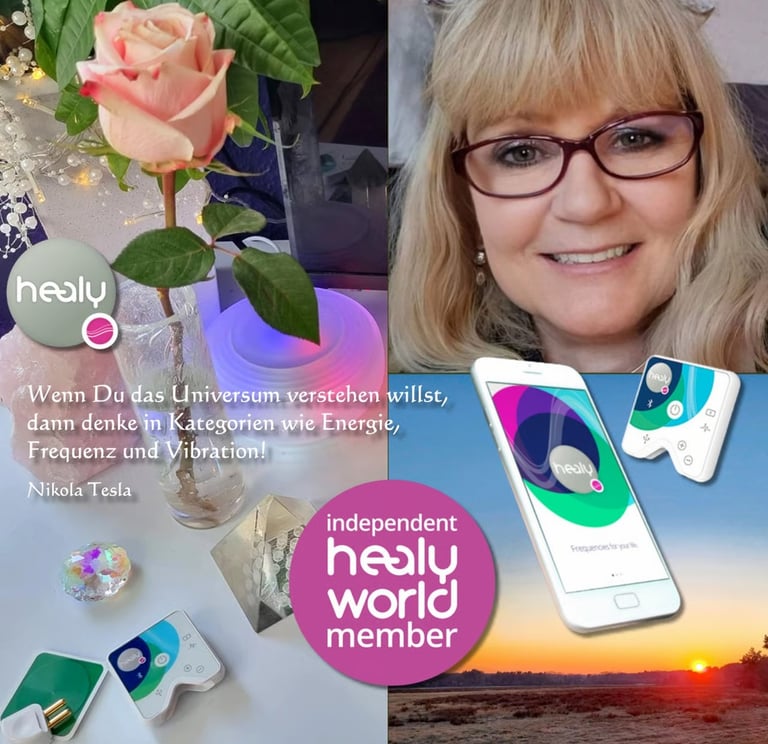 A woman next to Healy World wearable devices, a pink rose, and a Nikola Tesla quote about frequency and vibration.