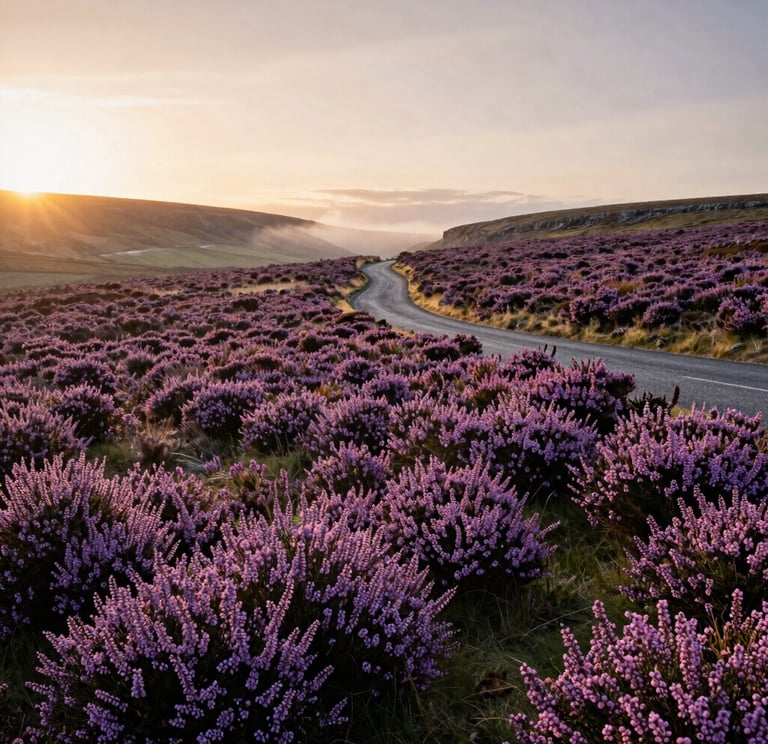 A landscape of the North York Moors during late summer. Vast carpets of purple heather blooming under a soft golden hour sun. A winding narrow road leading toward a misty horizon.
