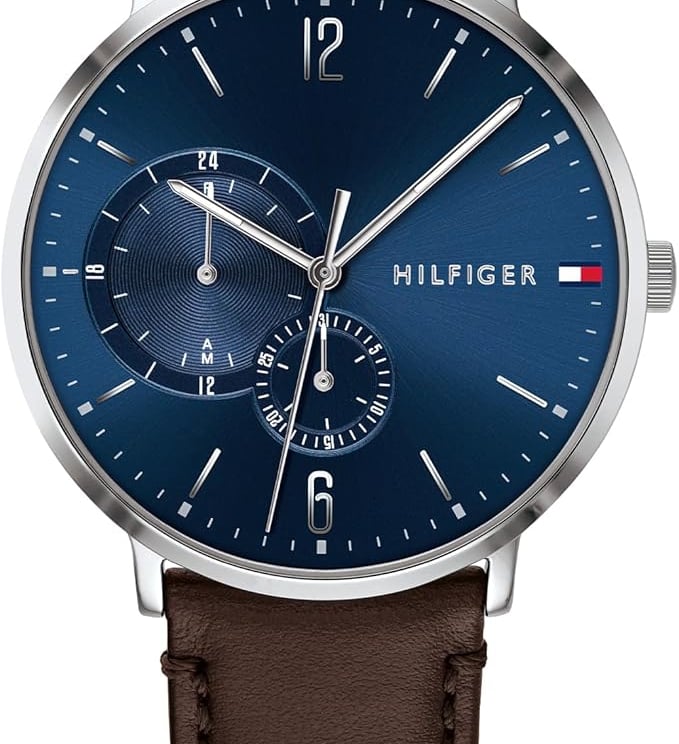 Tommy Hilfiger men's quartz watch with blue sunray dial and brown leather strap.