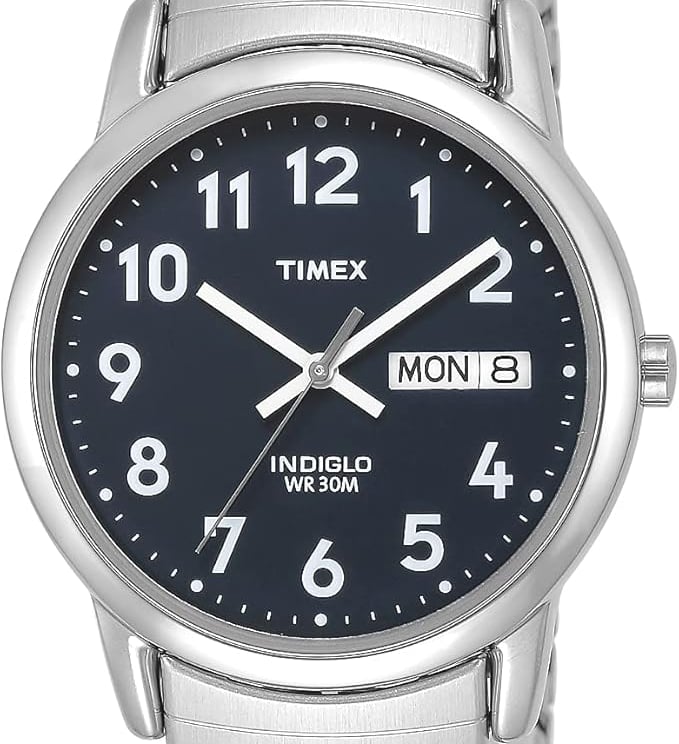 Timex Easy Reader watch with silver-tone expansion band, navy blue dial, and day-date window.