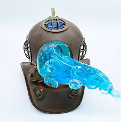 Glass octopus tentacle coming our of scuba helmet.