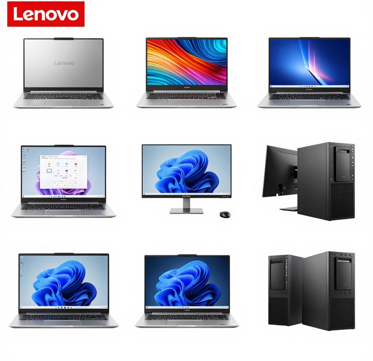 A sleek Lenovo laptop on a wooden desk with a bright, welcoming background.