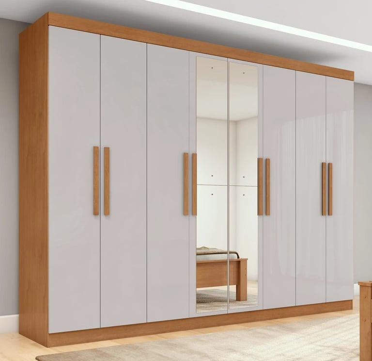 Guarda-roupa Casal Easy Slim 8 Portas Com Espelho Amendoa Clean/Off White