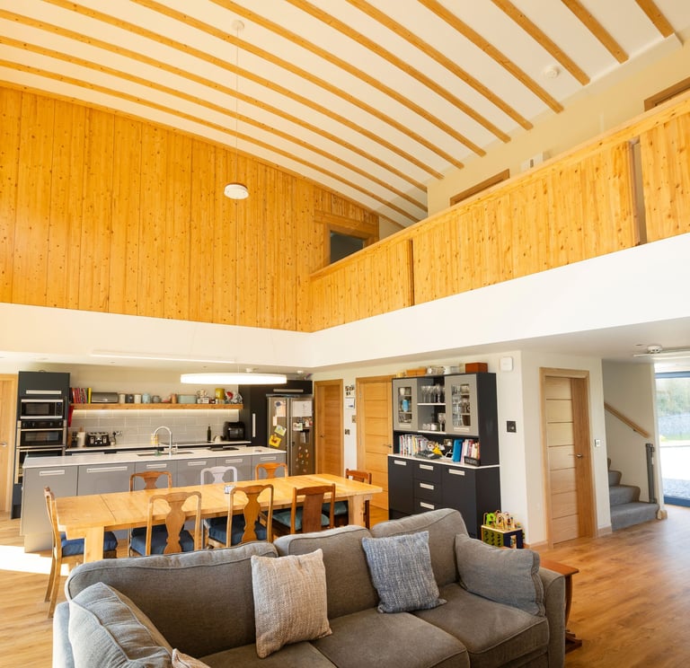 Timber building interior using HBE solid structural walls